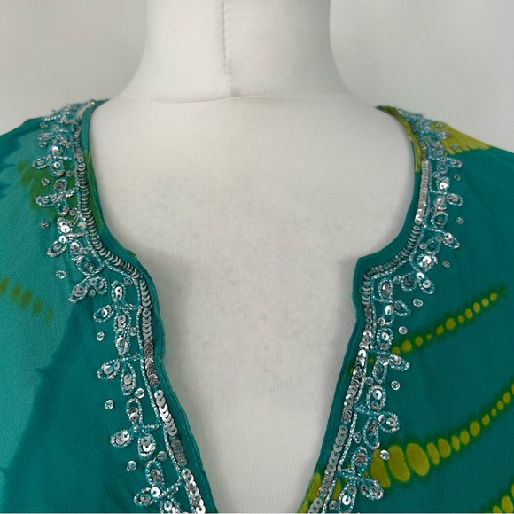 East 100% Silk Maxi Dress Size 14 Teal Green Sequin Trims Beach Boho - Picture 3 of 10